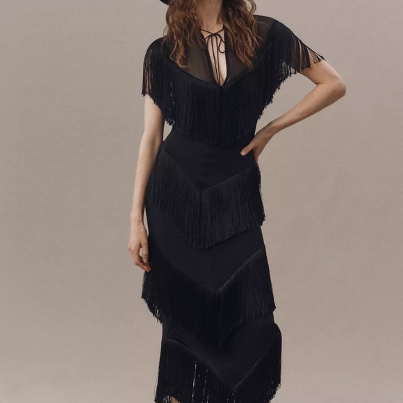 De La Vali Dresses & Skirts - De La Vali Tellus Fringed Chiffon Midi Dress